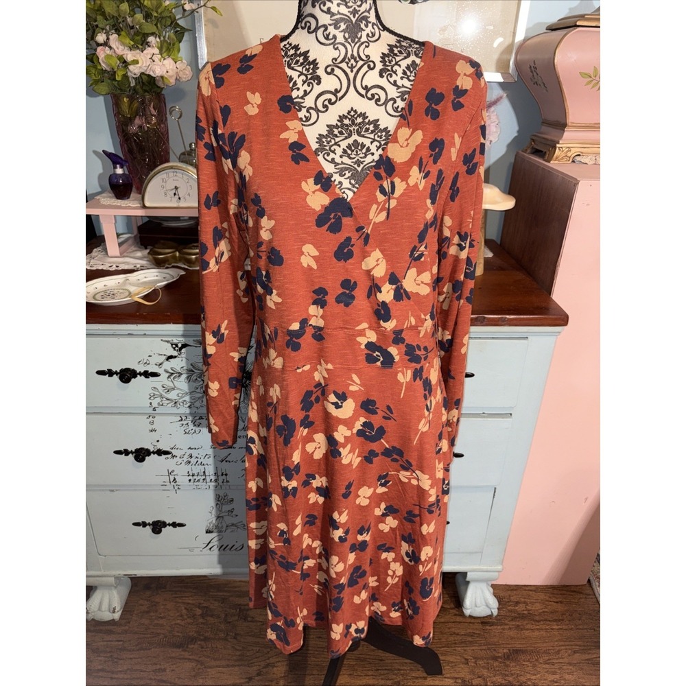 Toad&Co  Dress in Burnt Orange Print Size Large.Cottage Boho. No Belt. Pockets.